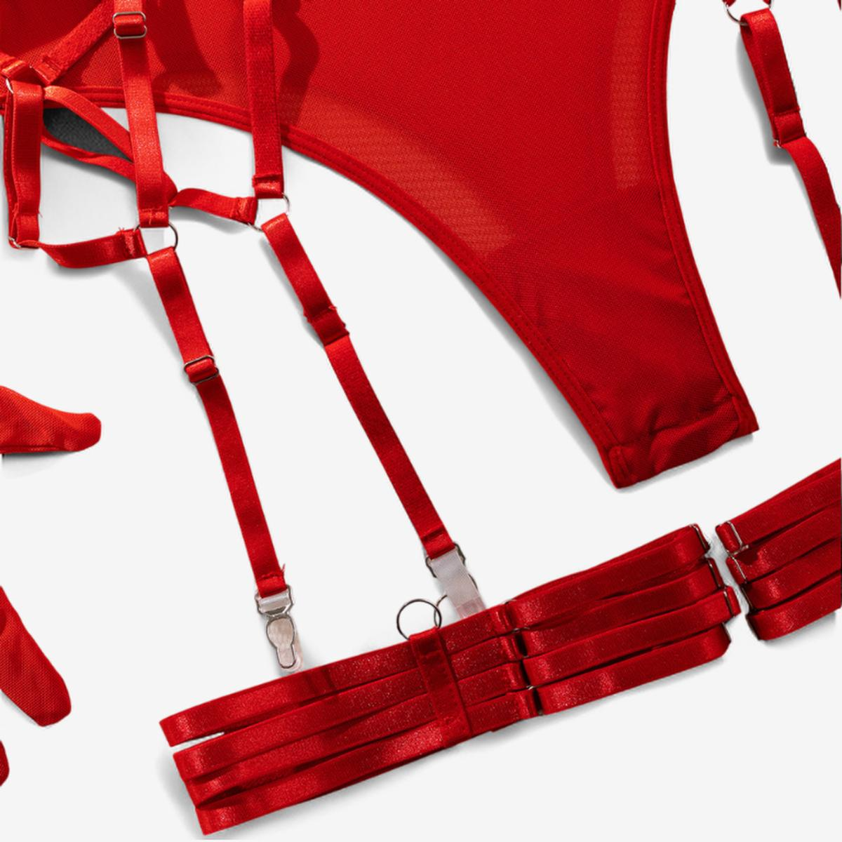 Scarlet Embrace Harness Bodysuit-Red-L-Basques-StylinArts