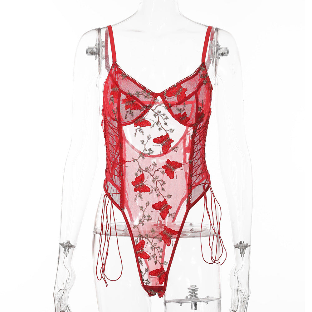 Lunaria Embroidered Illusion Bodysuit-Red-L-Bodies & Teddies-StylinArts