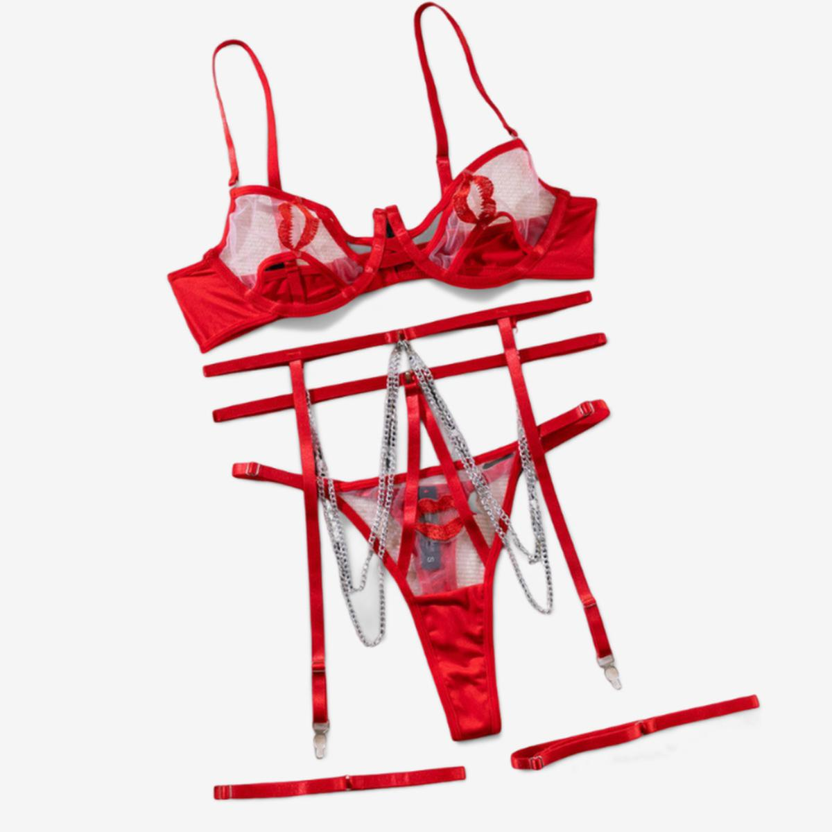 Celestia Strappy Chain Lingerie Set-Red-L-Basques-StylinArts