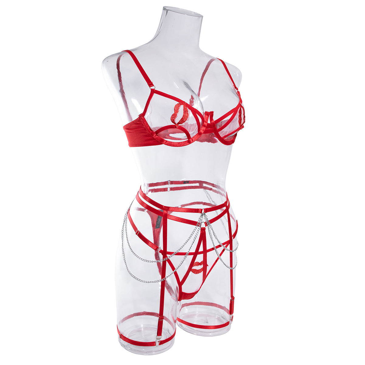 Celestia Strappy Chain Lingerie Set-Red-L-Basques-StylinArts