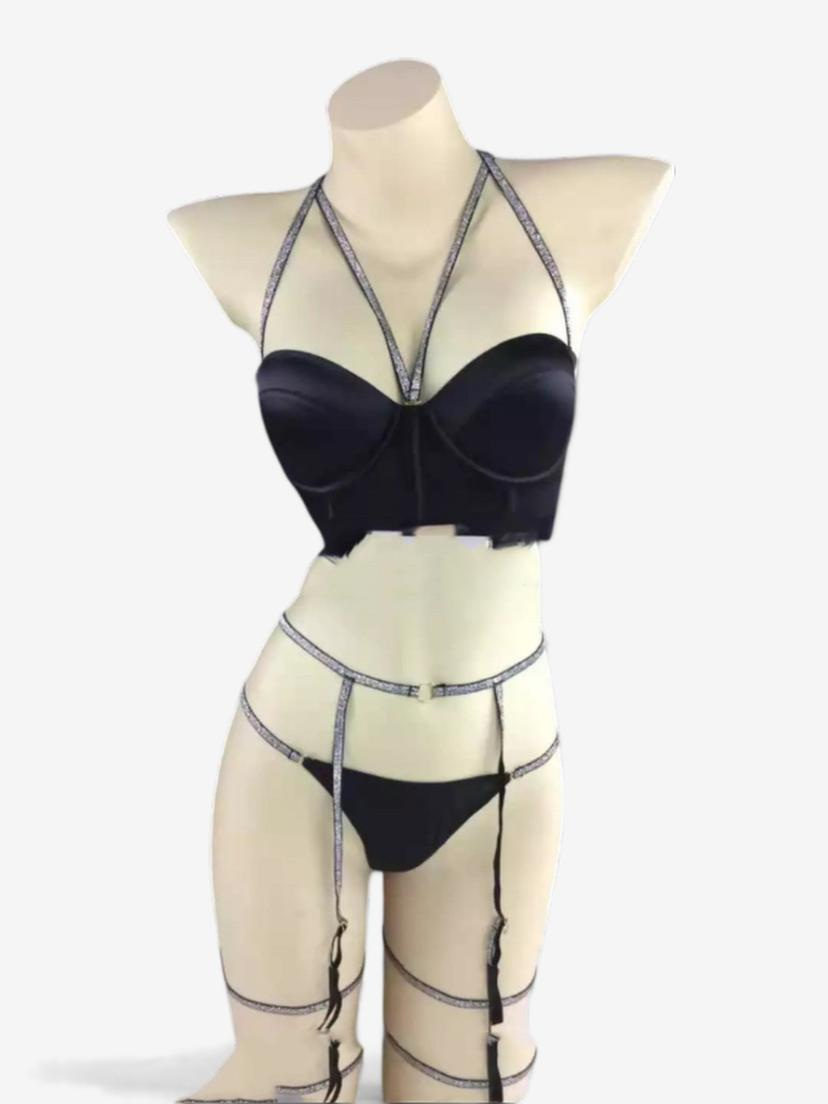 Lunaria Satin Corset Garter Set-Black-L-Basques-StylinArts