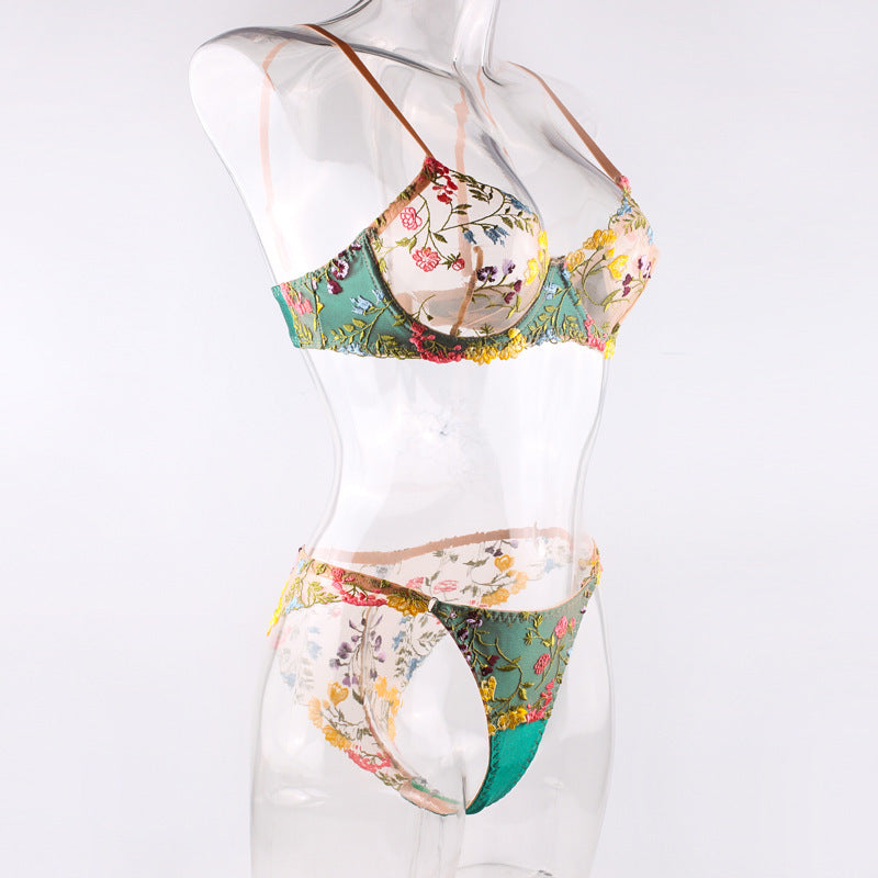 Vibrant Floral Embroidered Mesh Lingerie Set - StylinArts-Green-L-Bras and Briefs-StylinArts