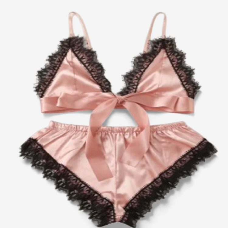 Veloura Satin Lace Set-Black-L-Bras and Briefs-StylinArts