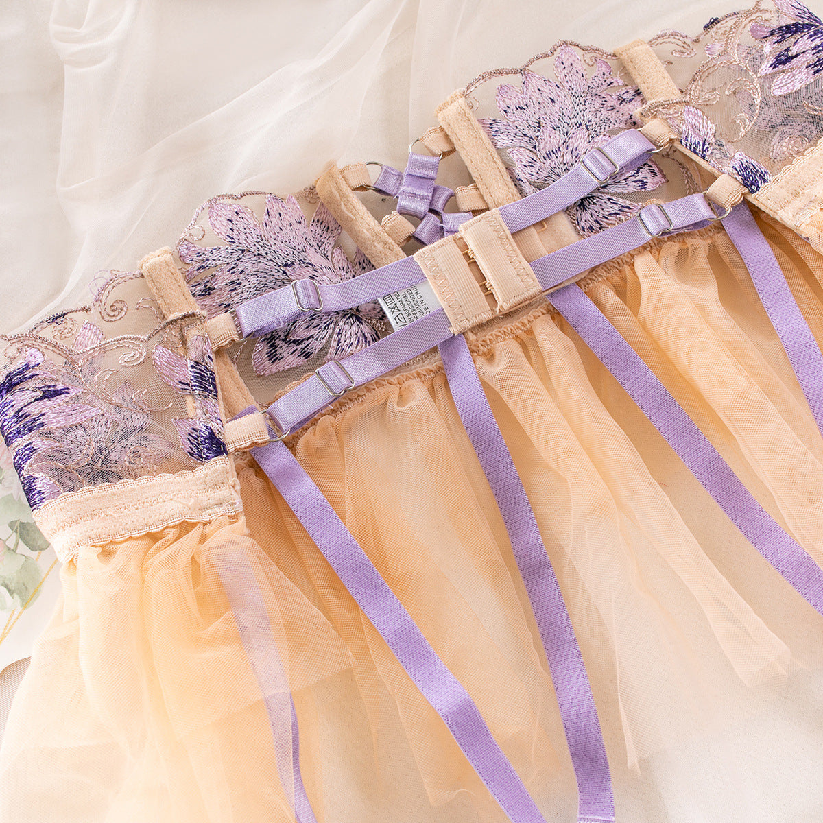 Aurivine Embroidered Mesh Harness Lingerie Set-Apricot-L-Basques-StylinArts