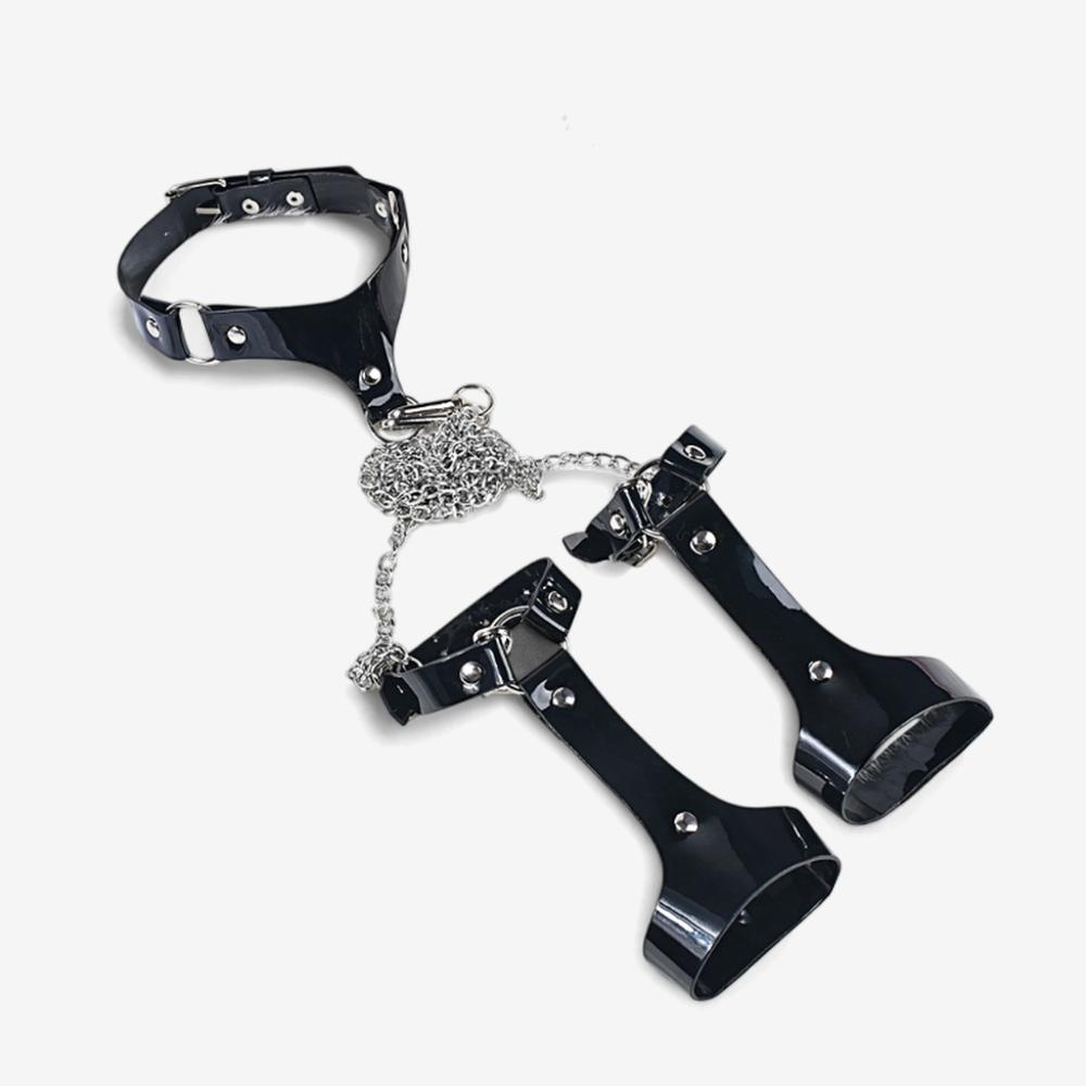 Noir Mesh Chain Accent Bodysuit with Collar & Cuffs-Black Long Sleeve-L-Bodies & Teddies-StylinArts