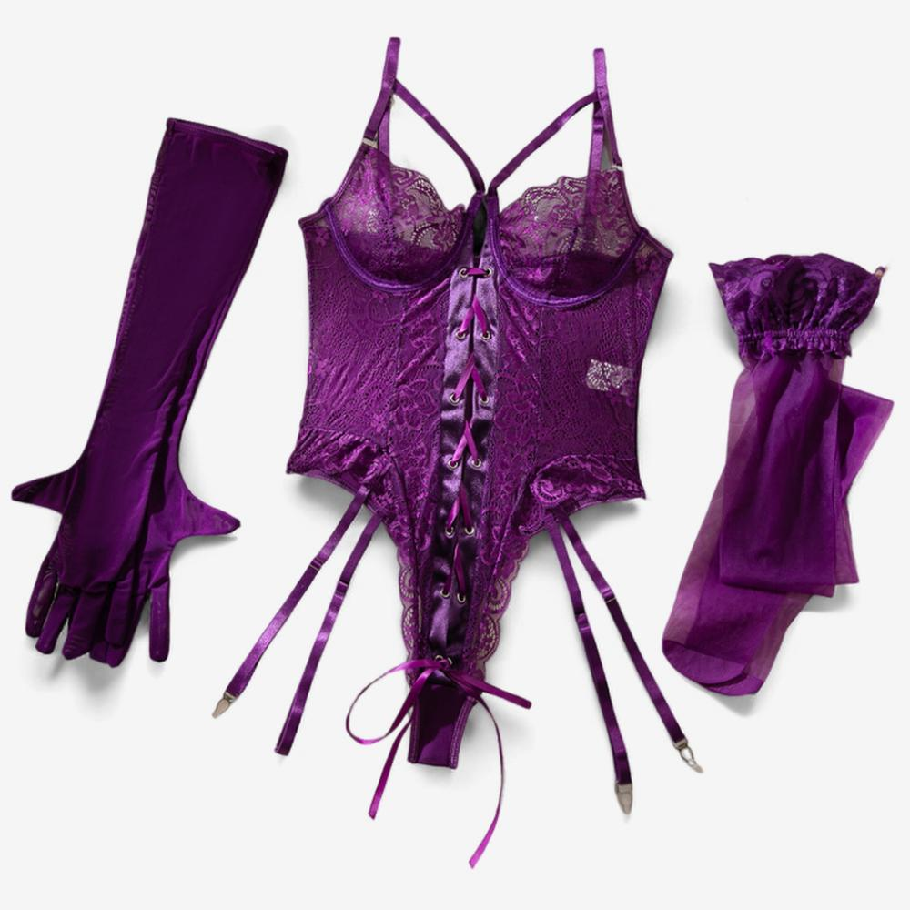 Elysia Lace Longline Bodysuit-Purple-L-Bodies & Teddies-StylinArts