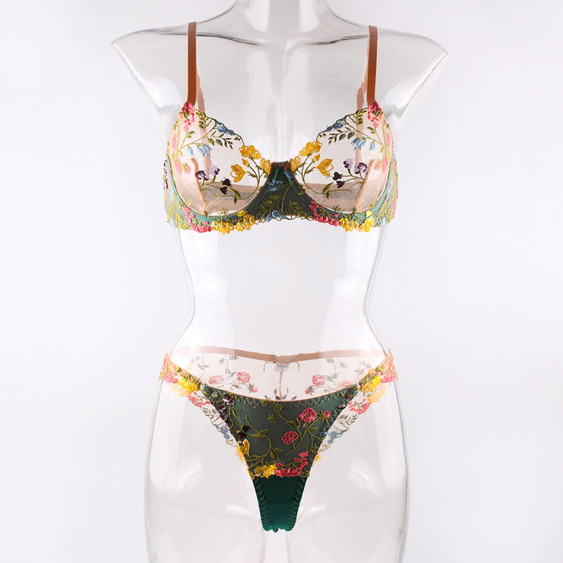 Vibrant Floral Embroidered Mesh Lingerie Set - StylinArts-Green-L-Bras and Briefs-StylinArts