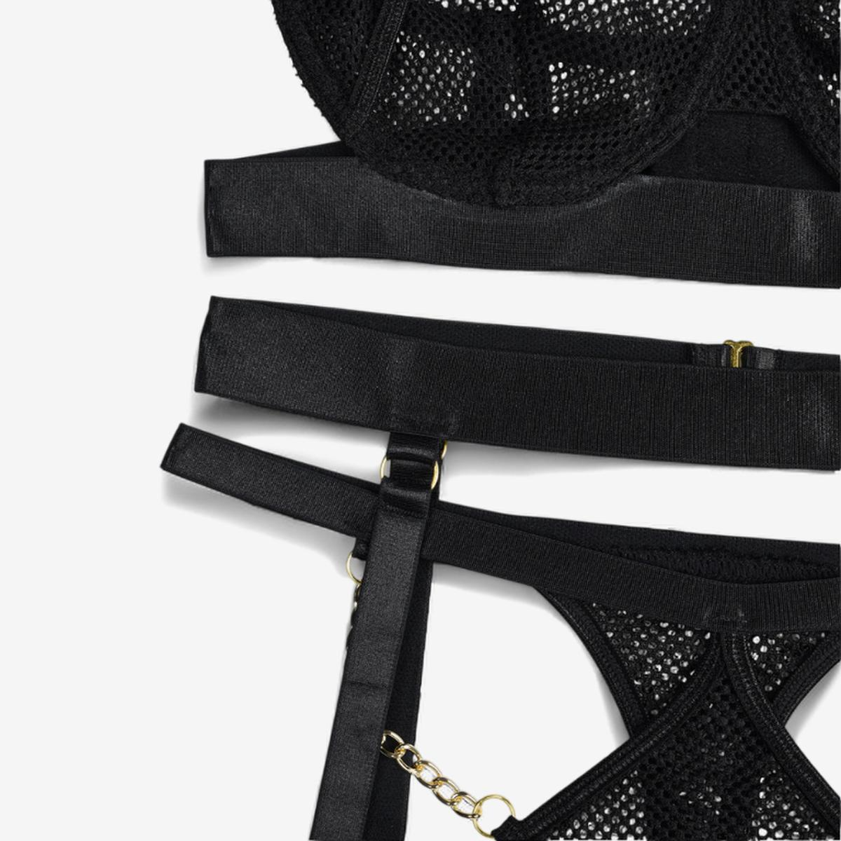 Aureline Mesh Chain Lingerie Set-Black-L-Basques-StylinArts