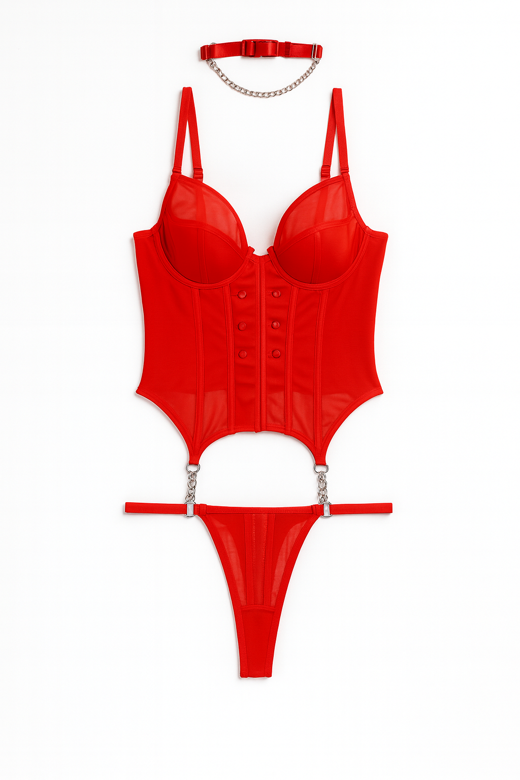 Dominique: Sheer Corset Bodysuit with Chain Accents-Red-L-Basques-StylinArts