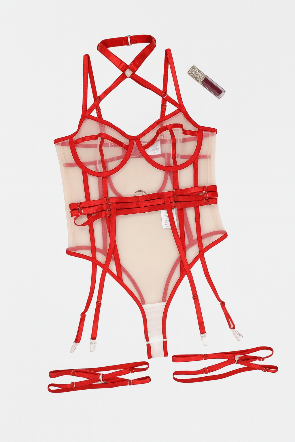 Calthea Strappy Harness Bodysuit-Red-L-Basques-StylinArts