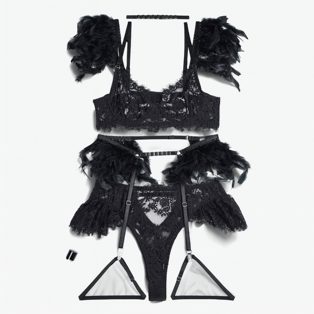 Seraphina Feather Lace Lingerie Set-Black-L-Basques-StylinArts