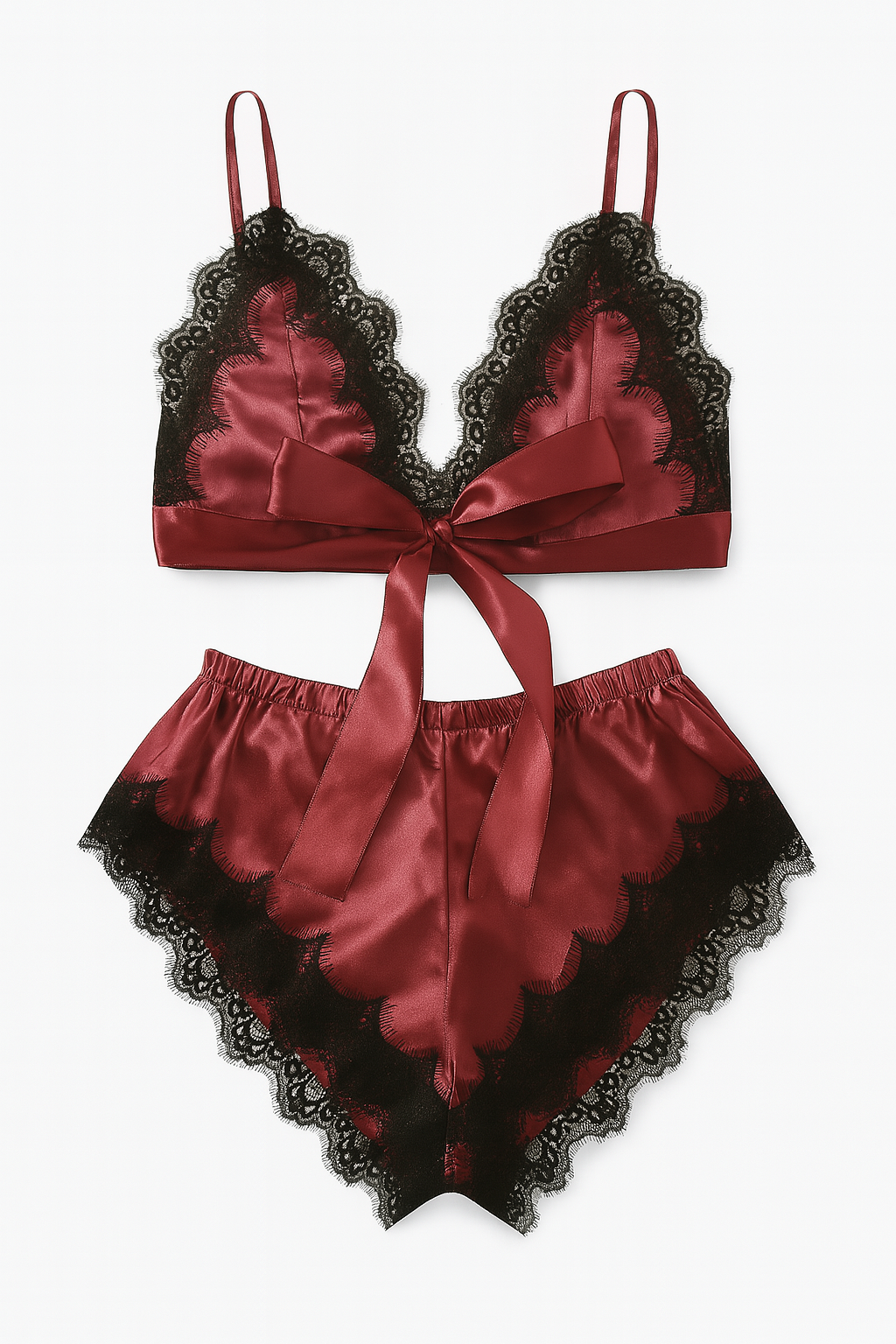 Veloura Satin Lace Set-Red-L-Bras and Briefs-StylinArts