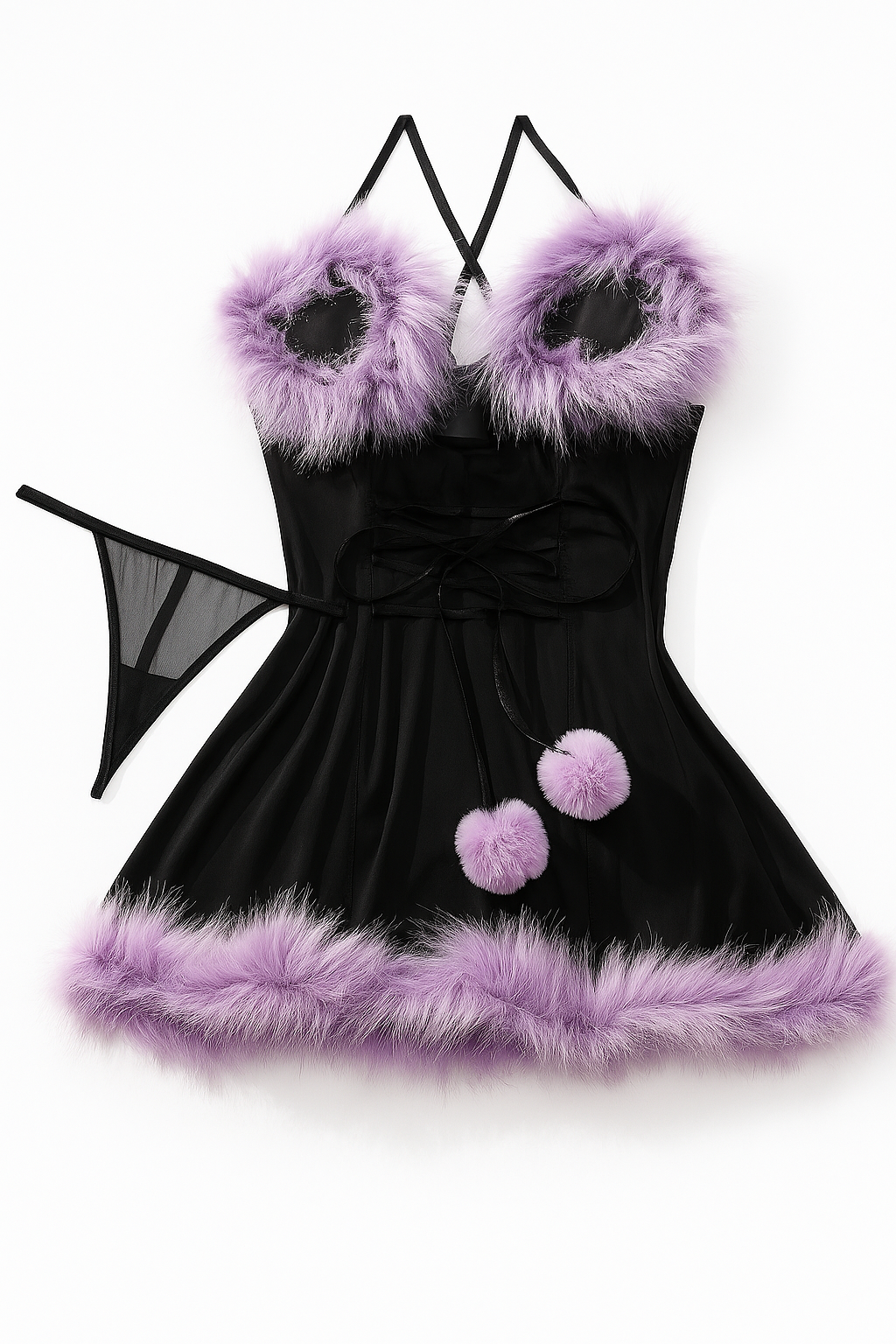 Midnight Tease Sheer Fur-Trim Babydoll-Babydolls-StylinArts