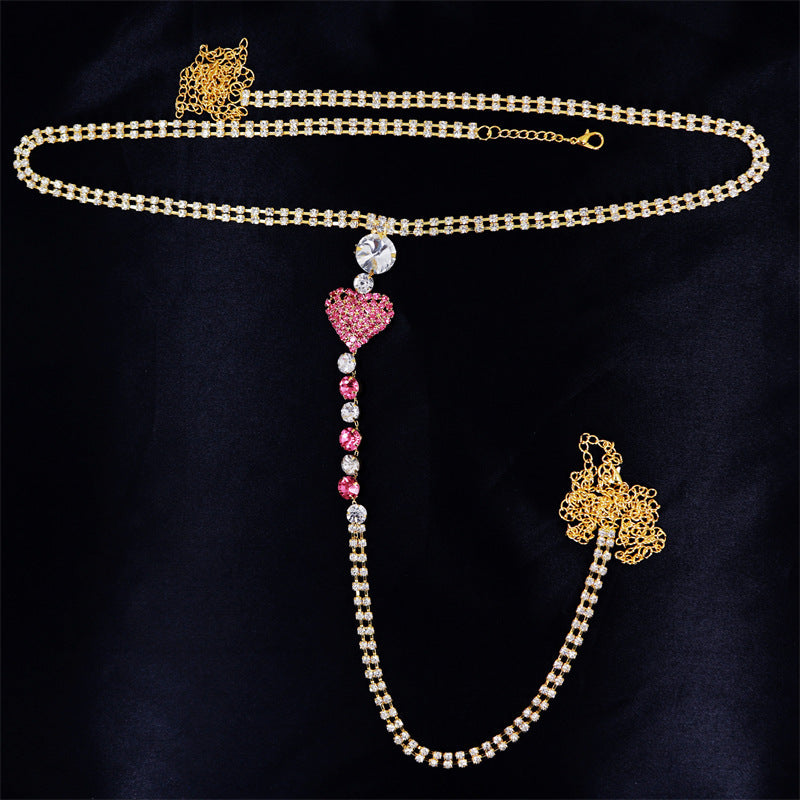 Crystal Heart Body Chain Thong – Daring Lingerie Jewelry for Boudoir Seduction-Belly chain-StylinArts