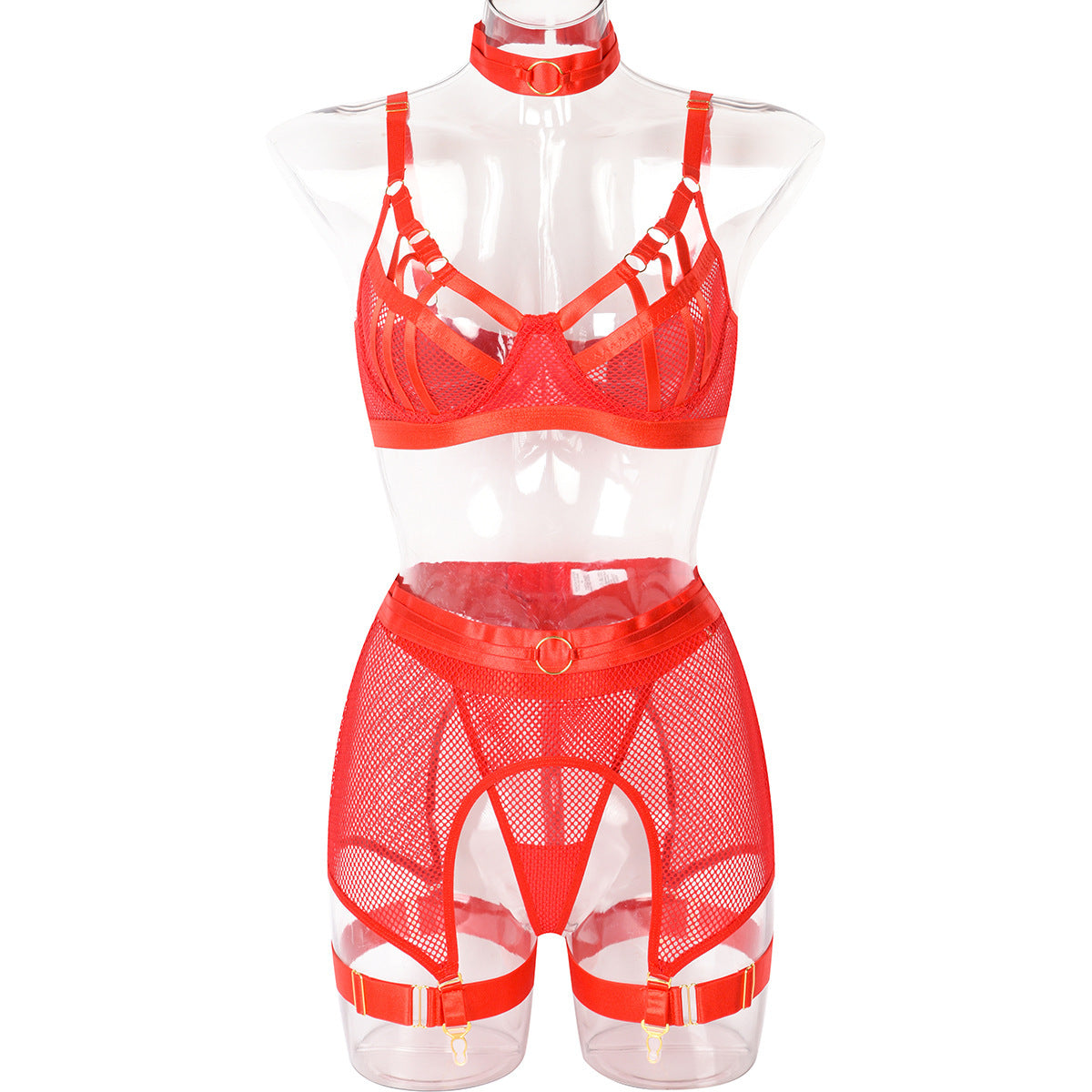 Novara Mesh Harness Garter Set-Red-L-Basques-StylinArts