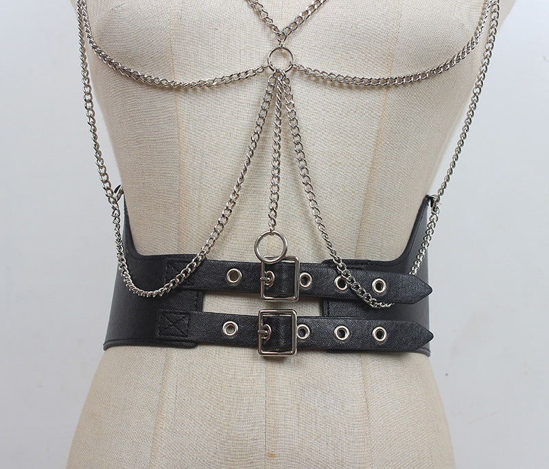 Chainlink Leather Harness Bra-Suspender Belts-StylinArts