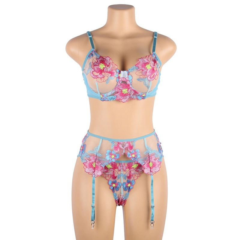Paradise Bloom Embroidered Garter Set-Blue-3XL-Basques-StylinArts