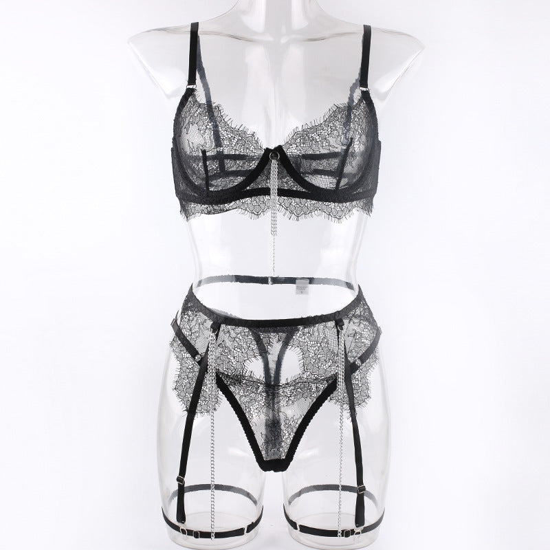 Selestia Lace Chain Garter Set-Black-L-Basques-StylinArts