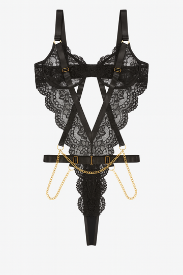 Black lace harness bodysuit with gold chains, underwire, and satin straps.