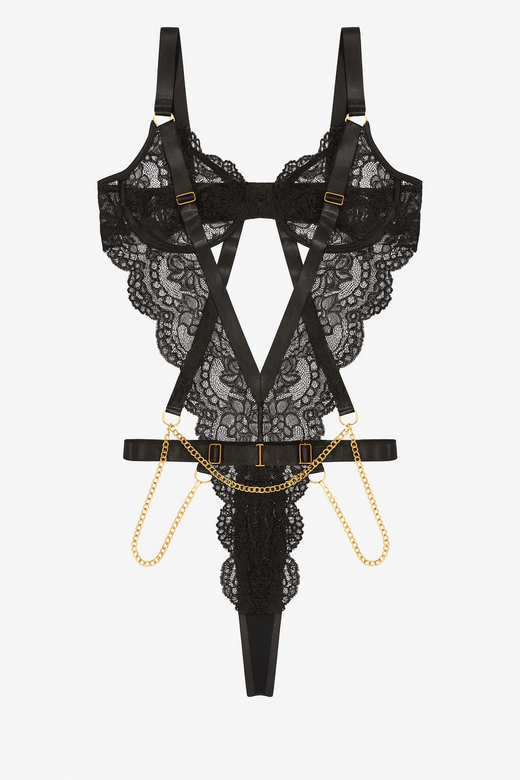 Black lace harness bodysuit with gold chains, underwire, and satin straps.