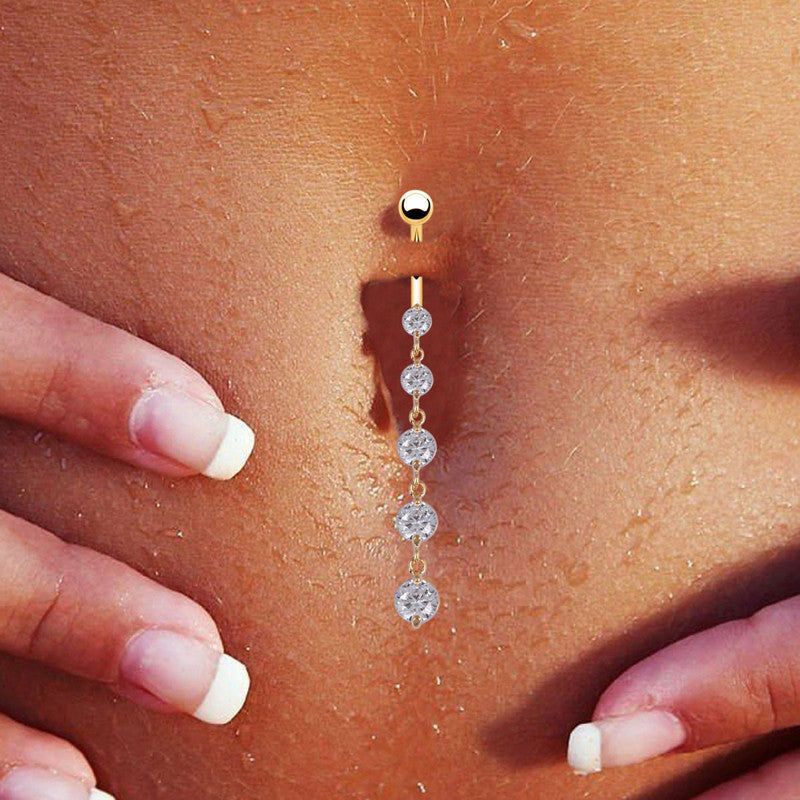 Gold Drop Navel Ring – 5 Crystal Dangle Belly Piercing for Seductive Shine-Belly chain-StylinArts