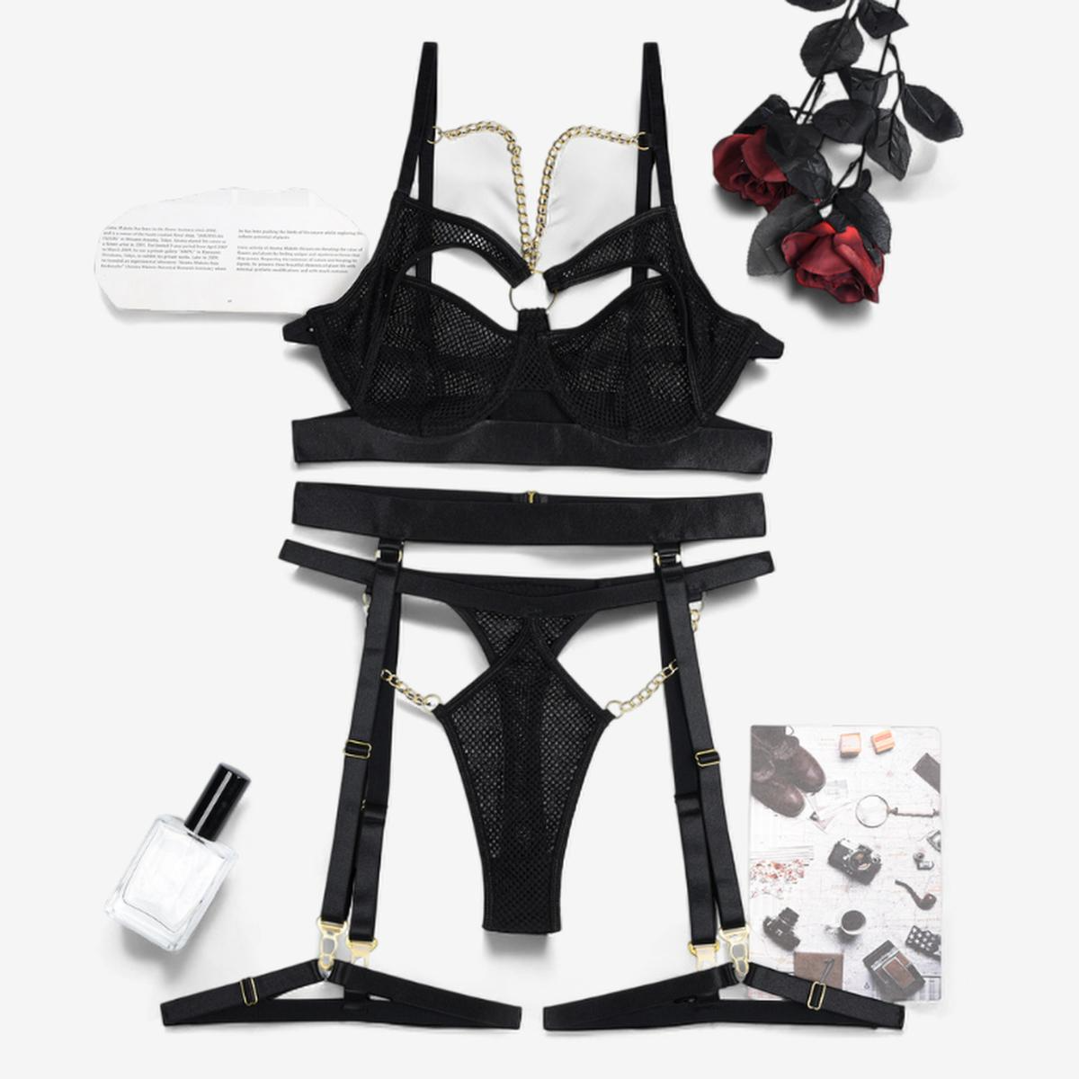 Aureline Mesh Chain Lingerie Set-Black-L-Basques-StylinArts