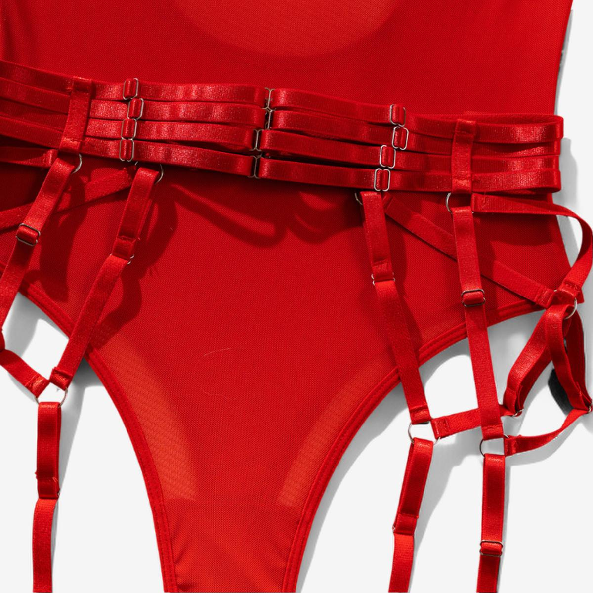 Scarlet Embrace Harness Bodysuit-Red-L-Basques-StylinArts