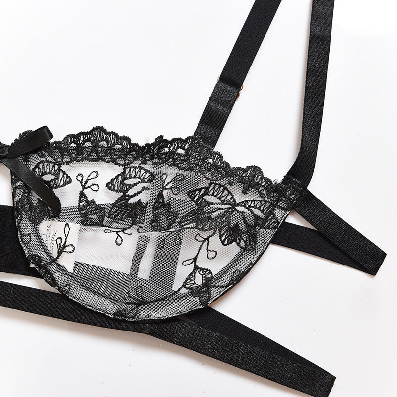Isolde Embroidered Mesh Bra Set-Black-L-Bras and Briefs-StylinArts