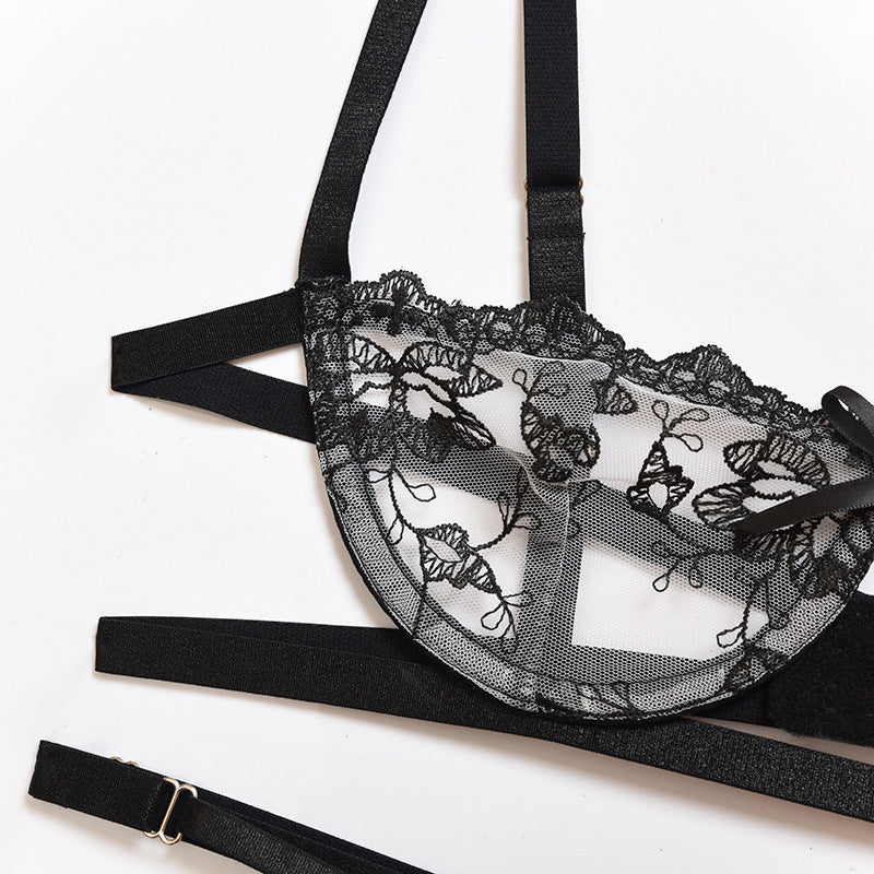 Isolde Embroidered Mesh Bra Set-Black-L-Bras and Briefs-StylinArts