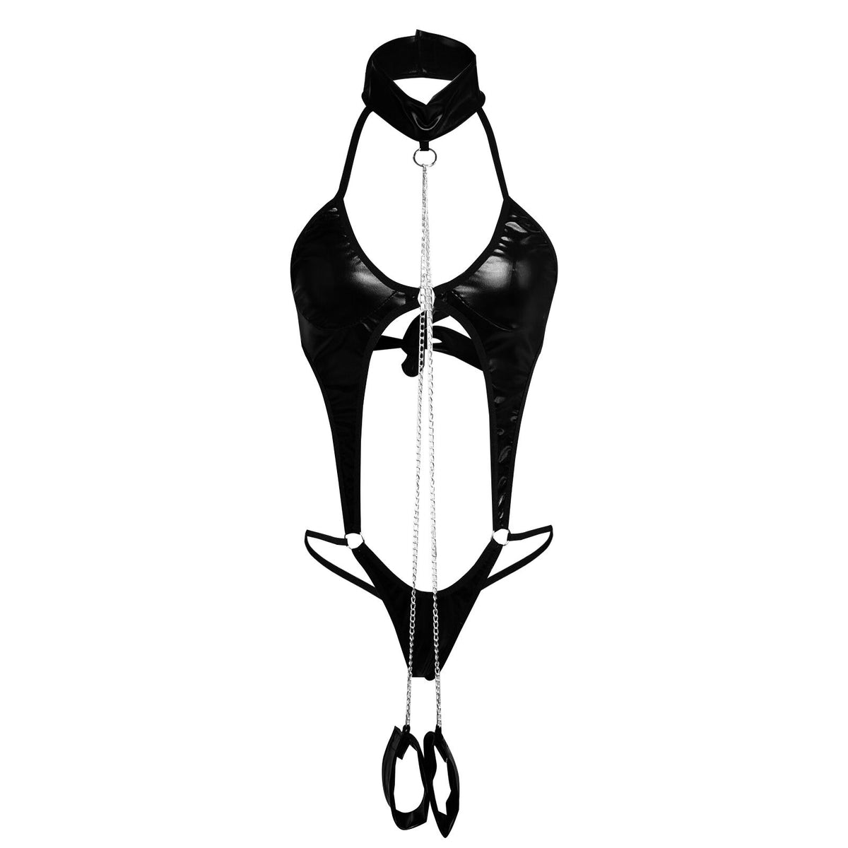 Vespera Bondage-Inspired Faux Leather Ring Bodysuit Set-Black-L-Bodies & Teddies-StylinArts