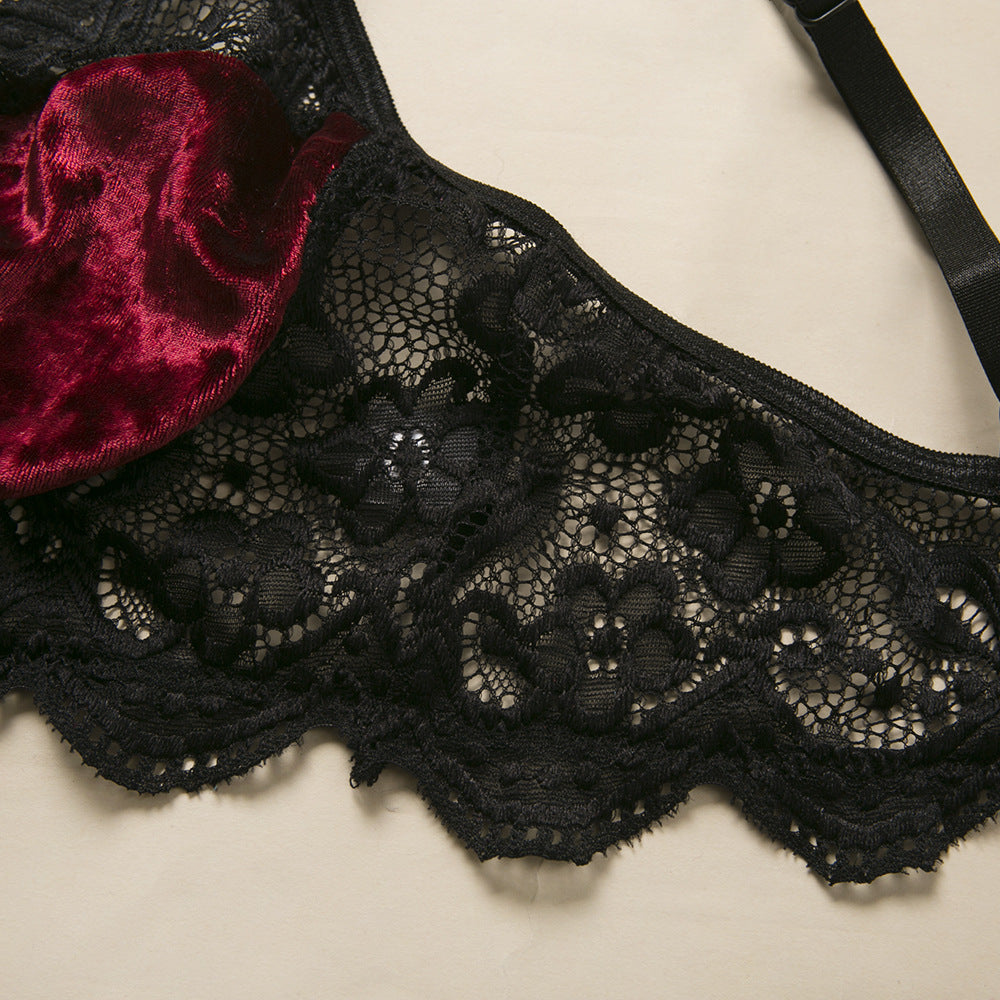 Veloura Velvet & Lace Strappy Lingerie Set-Green-L-Bras and Briefs-StylinArts