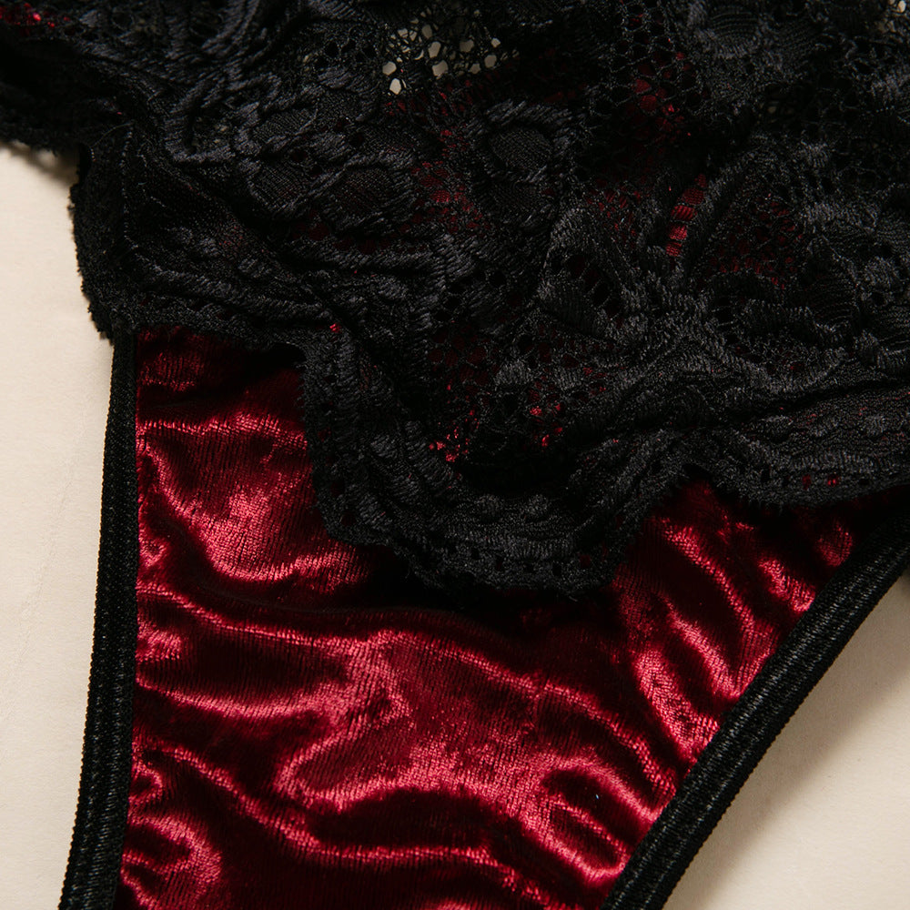 Veloura Velvet & Lace Strappy Lingerie Set-Green-L-Bras and Briefs-StylinArts