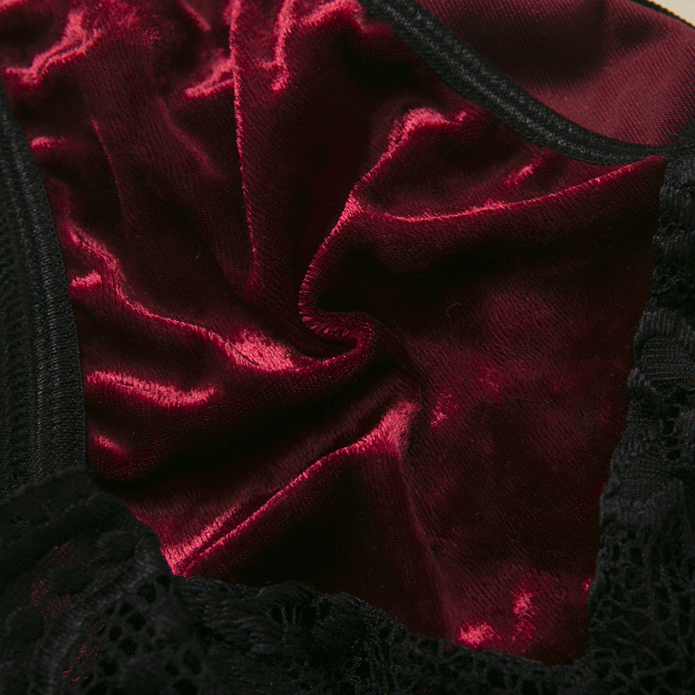 Veloura Velvet & Lace Strappy Lingerie Set-Green-L-Bras and Briefs-StylinArts