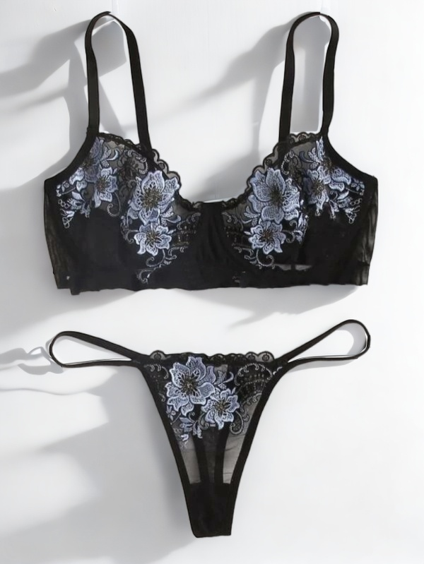 Nytheris Embroidered Lace Lingerie Set-Black-L-Bras and Briefs-StylinArts