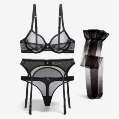 Noirelle Sheer Mesh Garter Lingerie Set-Black-70A-Basques-StylinArts