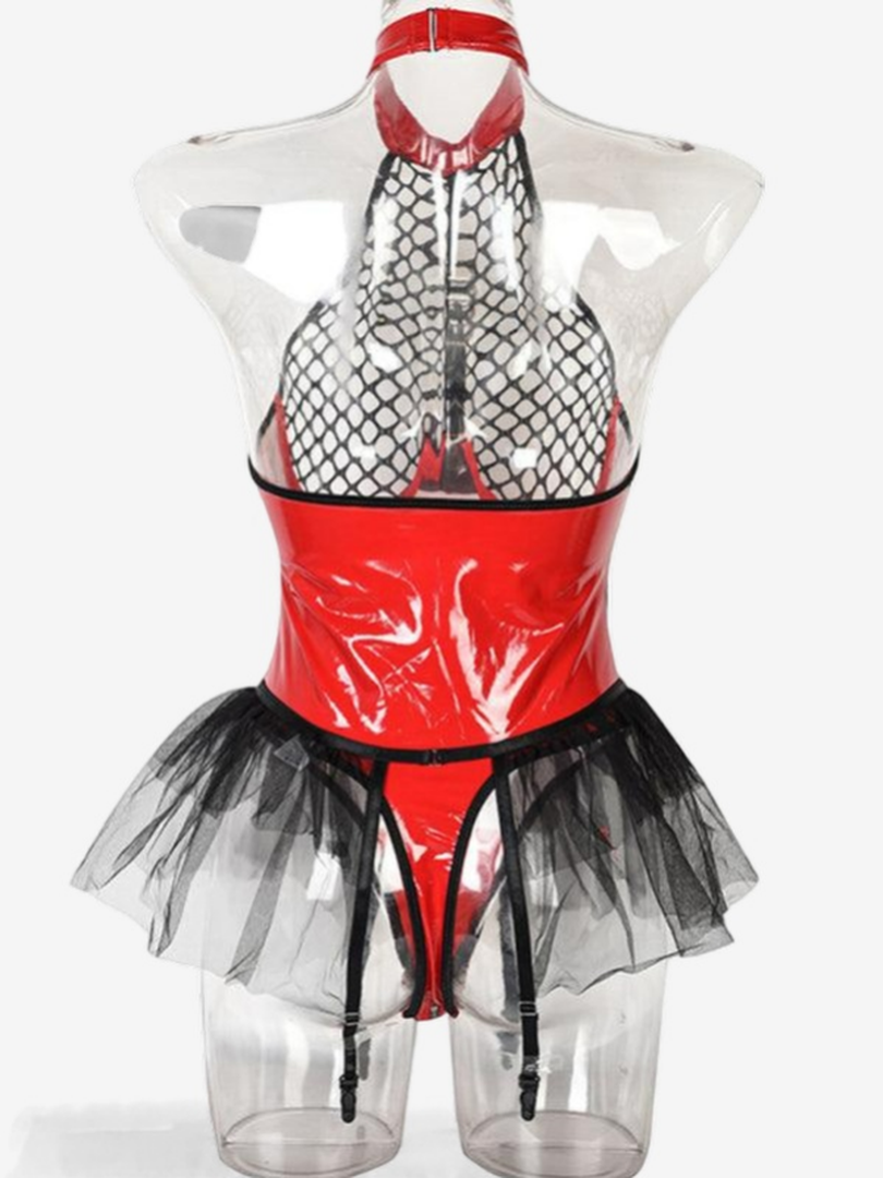 Veyra Vinyl Mesh Corset Skirted Bodysuit-Red-L-Basques-StylinArts
