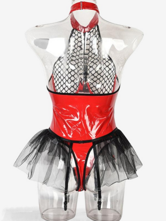 Veyra Vinyl Mesh Corset Skirted Bodysuit-Red-L-Basques-StylinArts