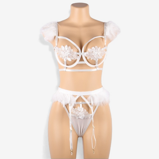 Celestia Plume Embroidered Garter Set-White-3XL-Basques-StylinArts