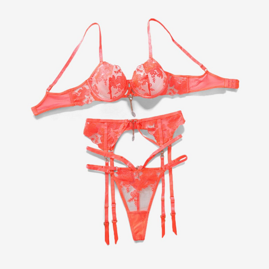 Aurora Bloom Lace Garter Set-Orange-L-Basques-StylinArts