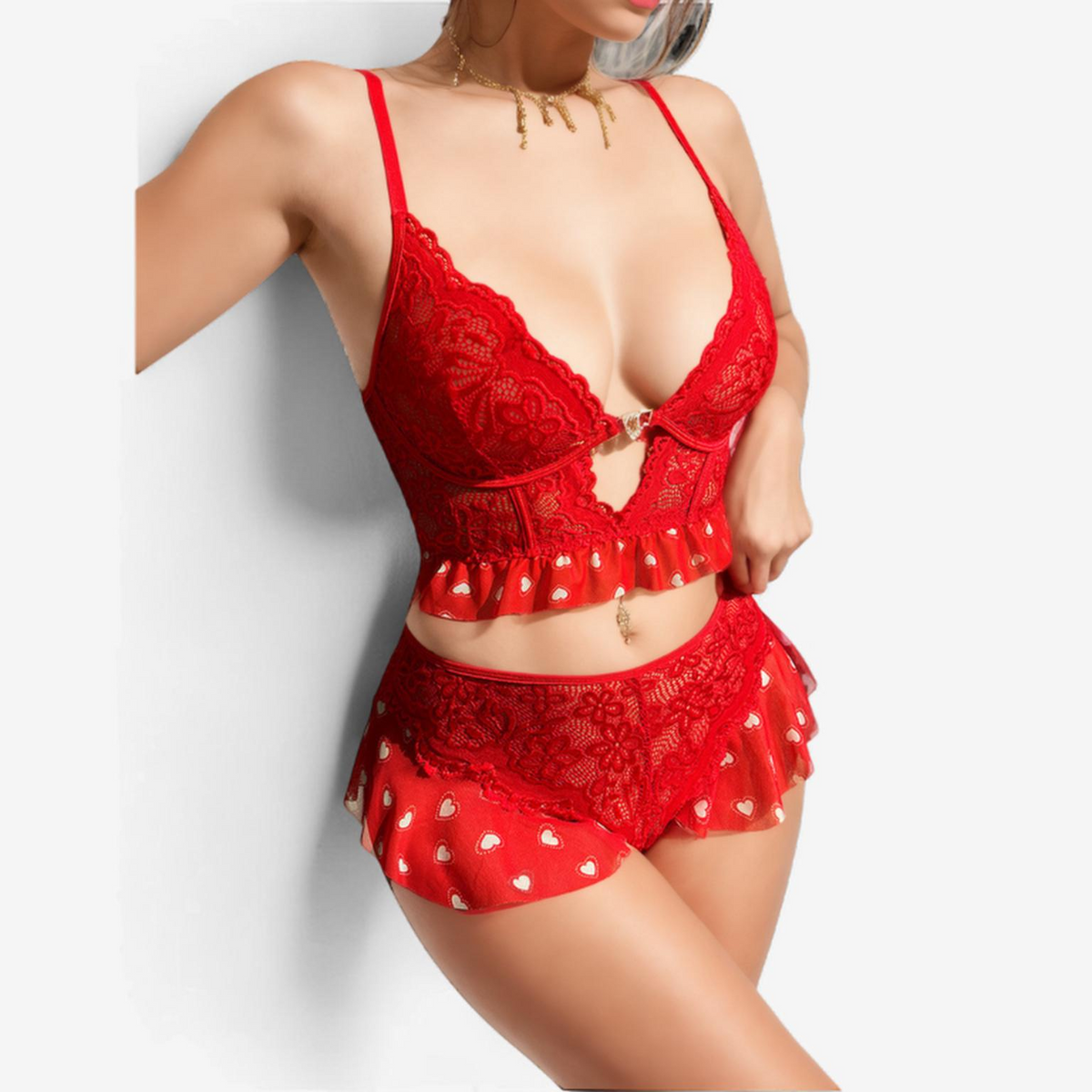 Virelia Lace Peplum Set-Red-L-Bras and Briefs-StylinArts