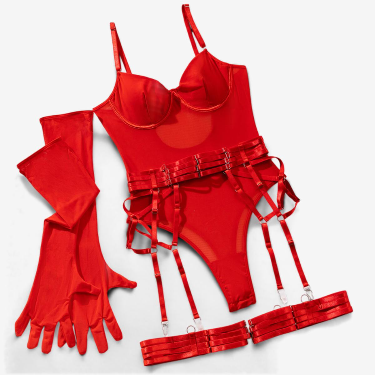 Scarlet Embrace Harness Bodysuit-Red-L-Basques-StylinArts