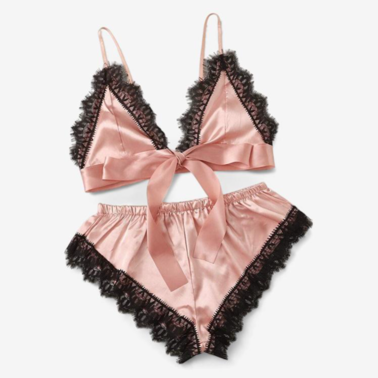 Veloura Satin Lace Set-Pink-L-Bras and Briefs-StylinArts