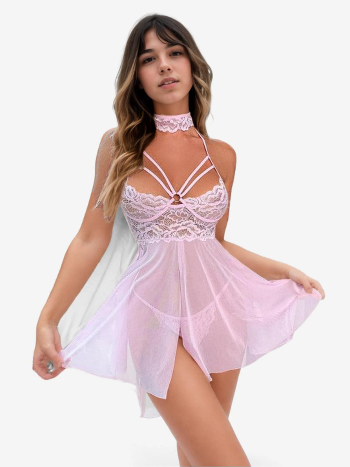 Bond Strappy Babydoll – Choker Lace Nightdress with Front Split-Babydolls-StylinArts