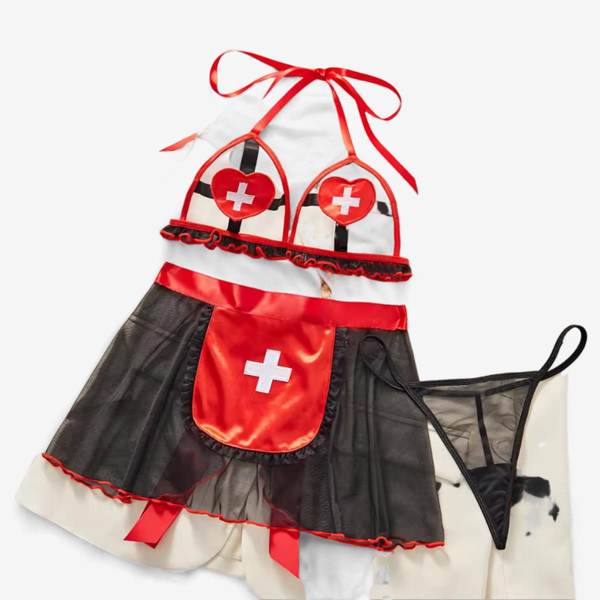 Sexy Nurse Rescue Costume – Sheer Apron & Heart Cross Bra-Intimate Roleplay Outfits-StylinArts