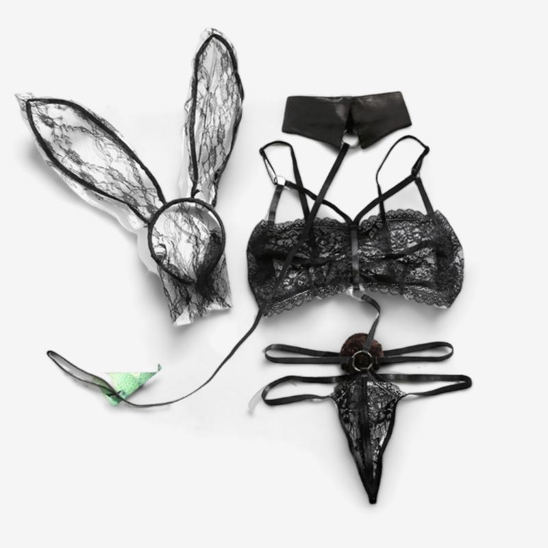 Seductive Bunny Role-Play Costume – Lace Ears & Strappy Lingerie Set-Intimate Roleplay Outfits-StylinArts