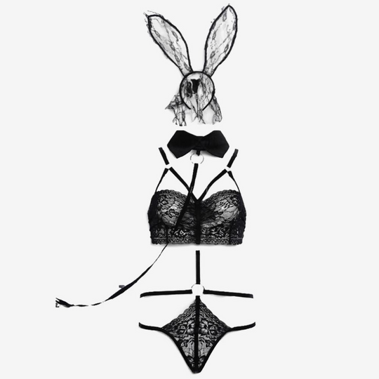 Seductive Bunny Role-Play Costume – Lace Ears & Strappy Lingerie Set-Intimate Roleplay Outfits-StylinArts