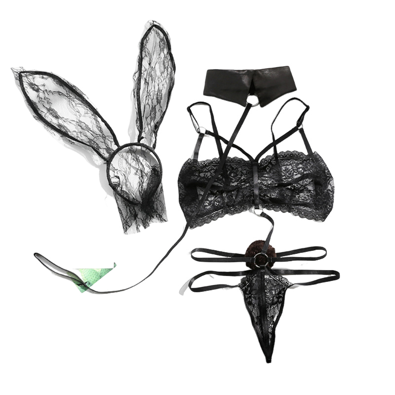 Seductive Bunny Role-Play Costume – Lace Ears & Strappy Lingerie Set-Intimate Roleplay Outfits-StylinArts