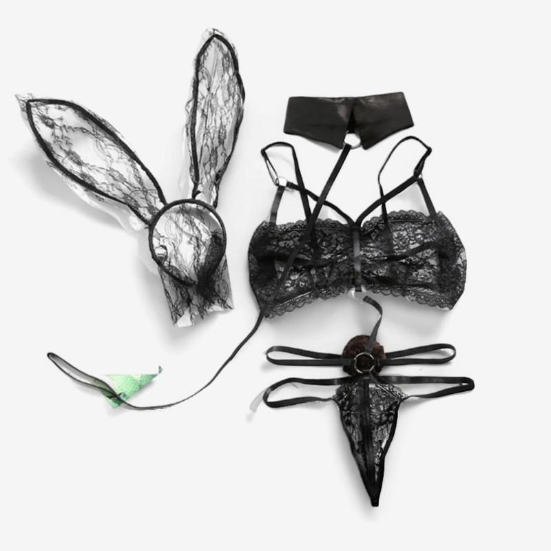 Seductive Bunny Role-Play Costume – Lace Ears & Strappy Lingerie Set-Intimate Roleplay Outfits-StylinArts