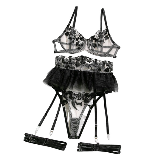 Nocturna Embroidered Tulle Garter Set-Black-L-Basques-StylinArts