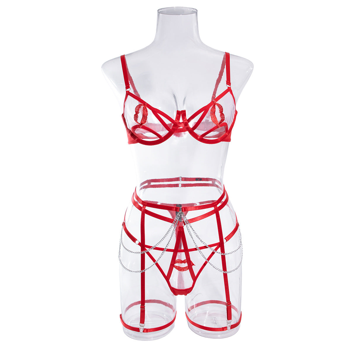 Celestia Strappy Chain Lingerie Set-Red-L-Basques-StylinArts